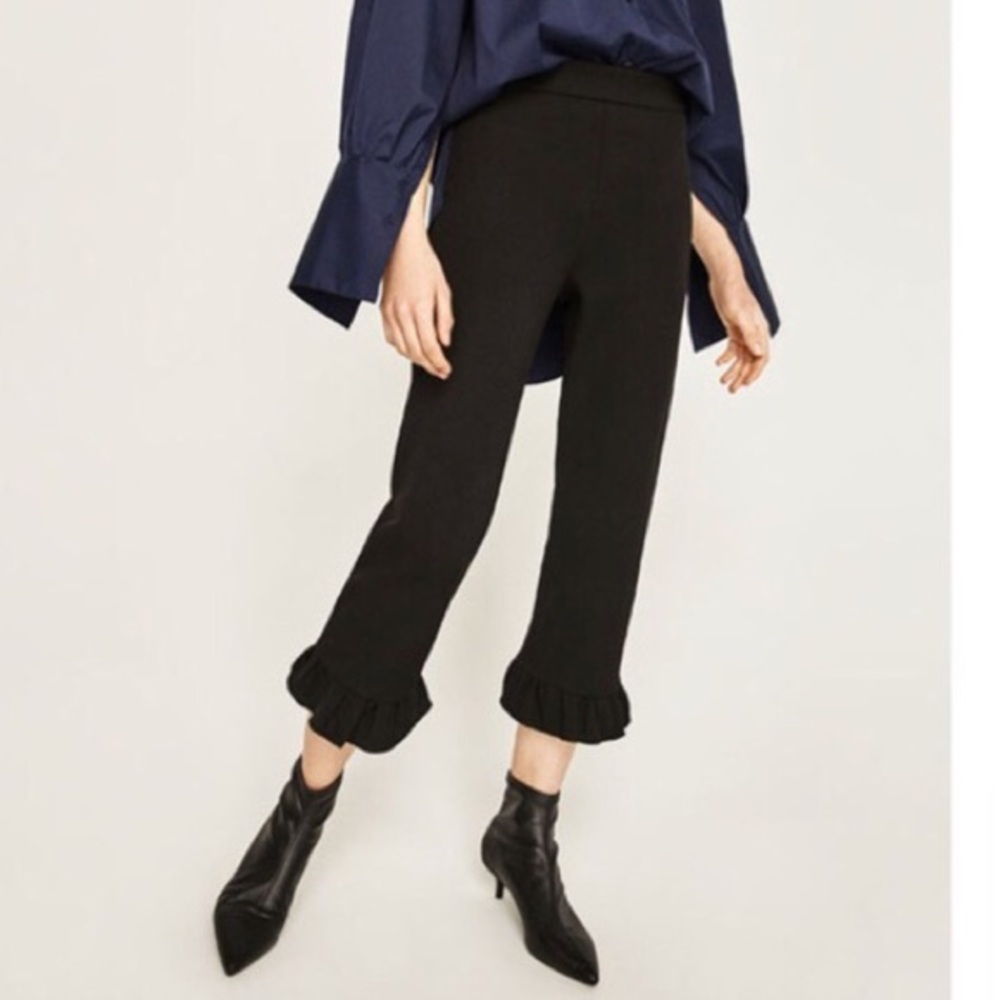 Zara Black Crop Pants with Ruffle Hem